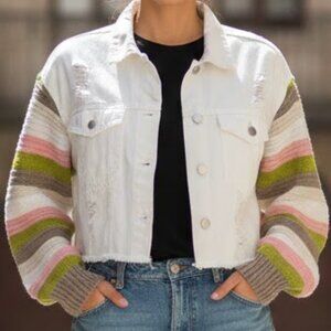 White distressed jean jacket crochet sleeves